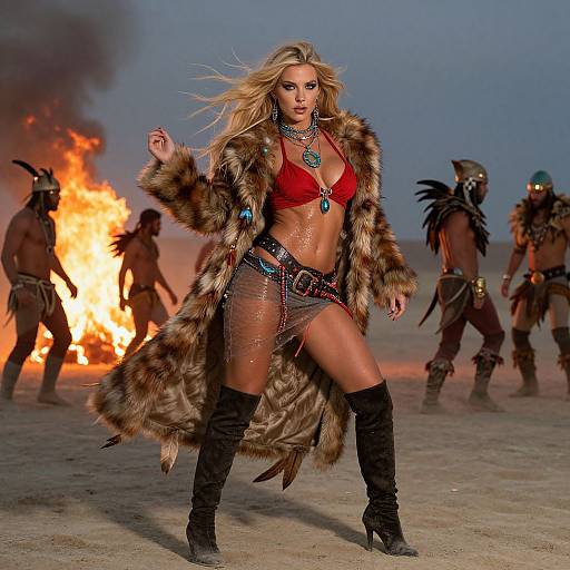Desert Tribal Fantasy Woman in Fur Coat and Red Bikini