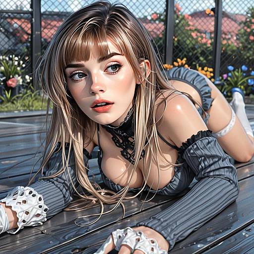 Illustrious Comics Style Digital Illustration of Blonde Woman in Gray Ruffled Outfit