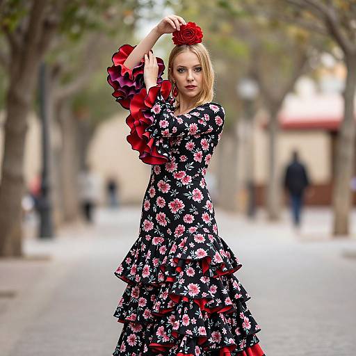 Woman in Traditional Black Floral Flamenco Dress with Red Rose