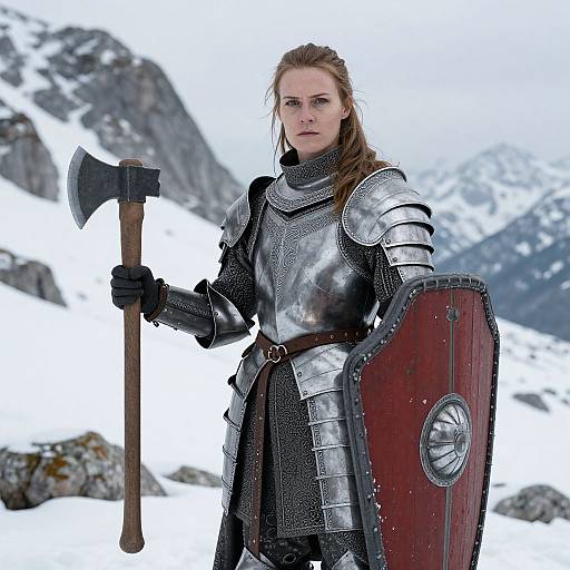 Woman Knight in Medieval Armor Holding Axe and Shield in Snowy Mountains