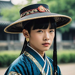 Young Man in Traditional Chinese Clothing with Ornate Hat