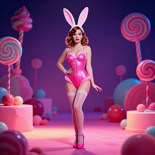 Woman in Pink Bunny Costume in Candy Wonderland Background