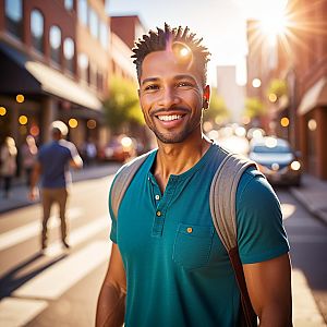 Young man smiling in urban street