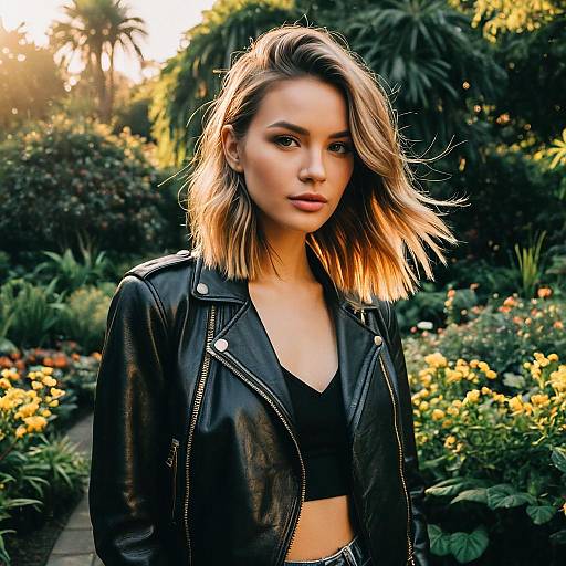 Stylish Young Woman in Black Leather Jacket in Garden at Golden Hour