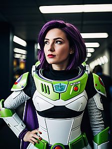 Cinematic Realism Portrait of Woman in Buzz Lightyear Costume Cosplay