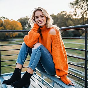 Smiling Woman in Orange Sweater Sitting Outdoors in Autumn