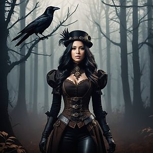 Woman in Steampunk Attire in Eerie Forest with Raven