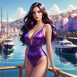 Confident Woman in Purple Swimsuit at Marina
