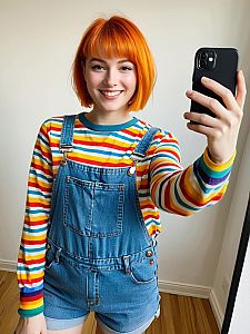 Smiling Woman in Colorful Striped Shirt and Denim Short Overalls Taking Selfie
