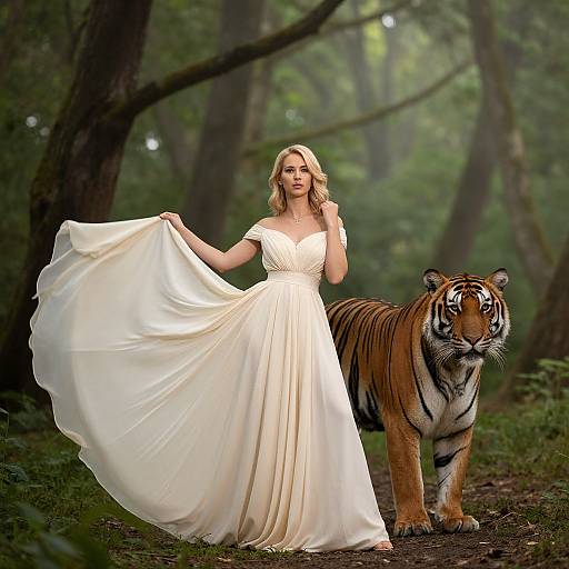 Elegant Woman in White Gown with Bengal Tiger in Forest