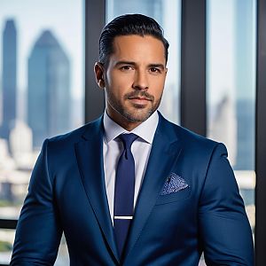 Confident Man in Navy Suit with City View