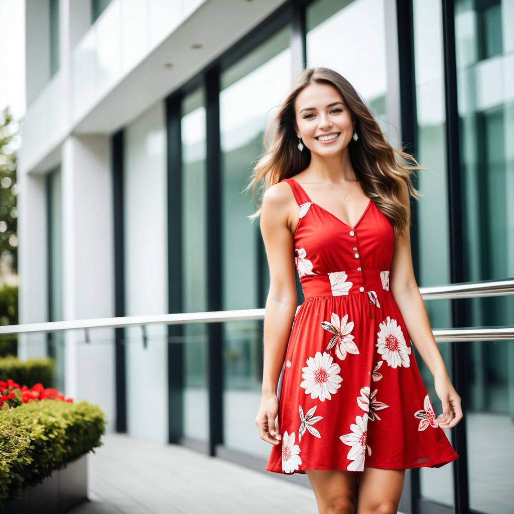 Smiling Woman in Red Sundress near Modern Building