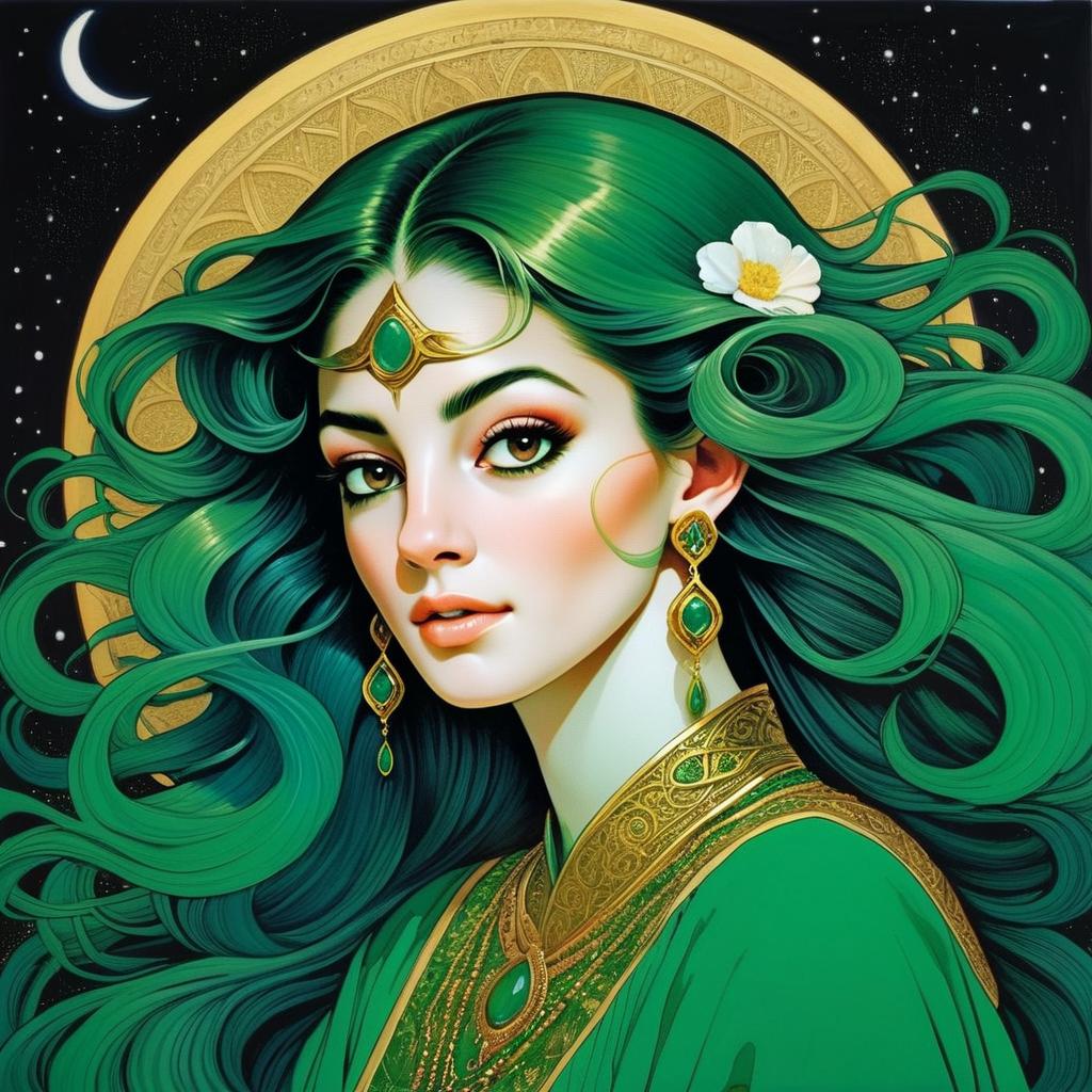 Woman with Emerald Hair and Moonlight