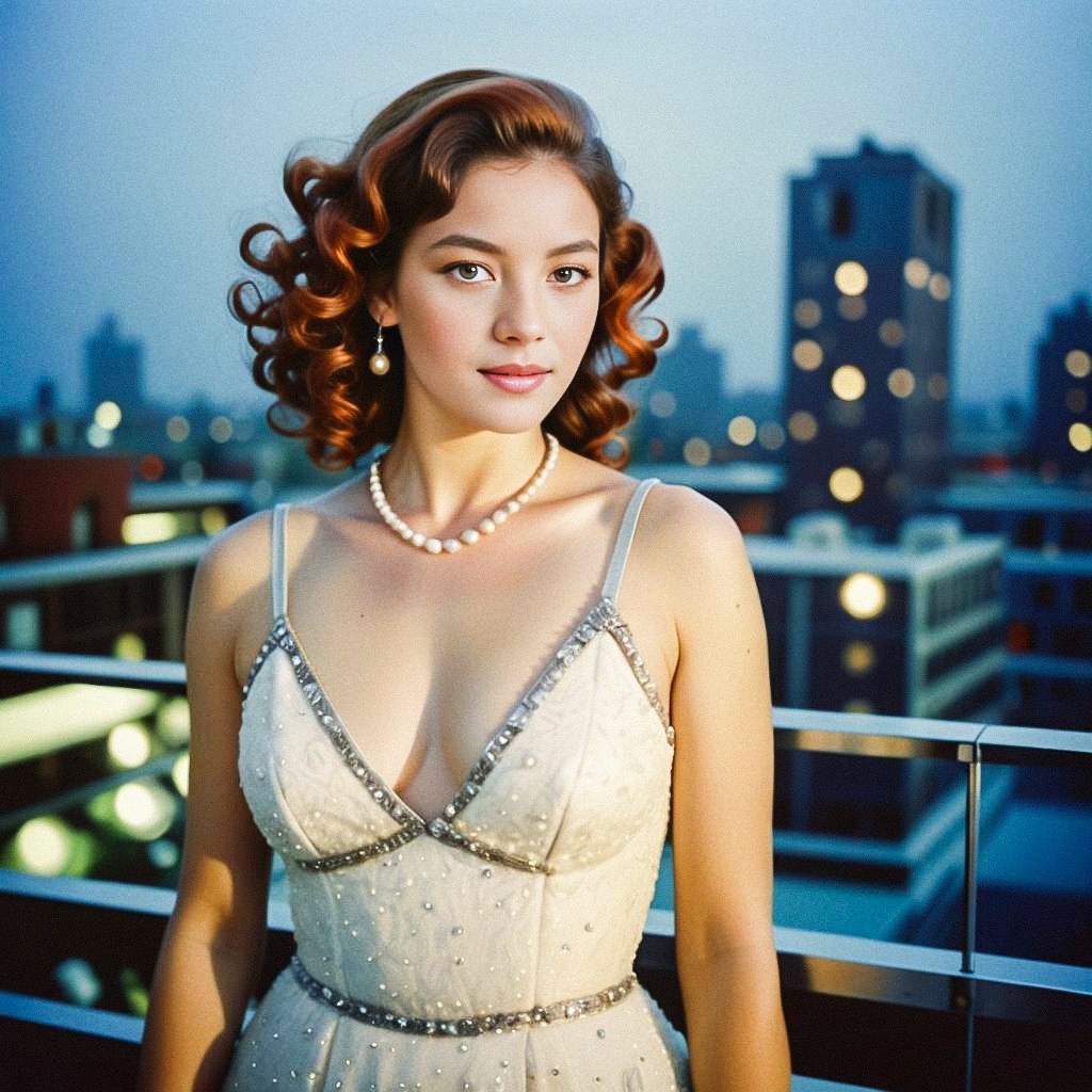 Elegant Woman in Beaded Gown at Urban Skyline Dusk Elegant Woman in Beaded Gown at Urban Skyline Dusk