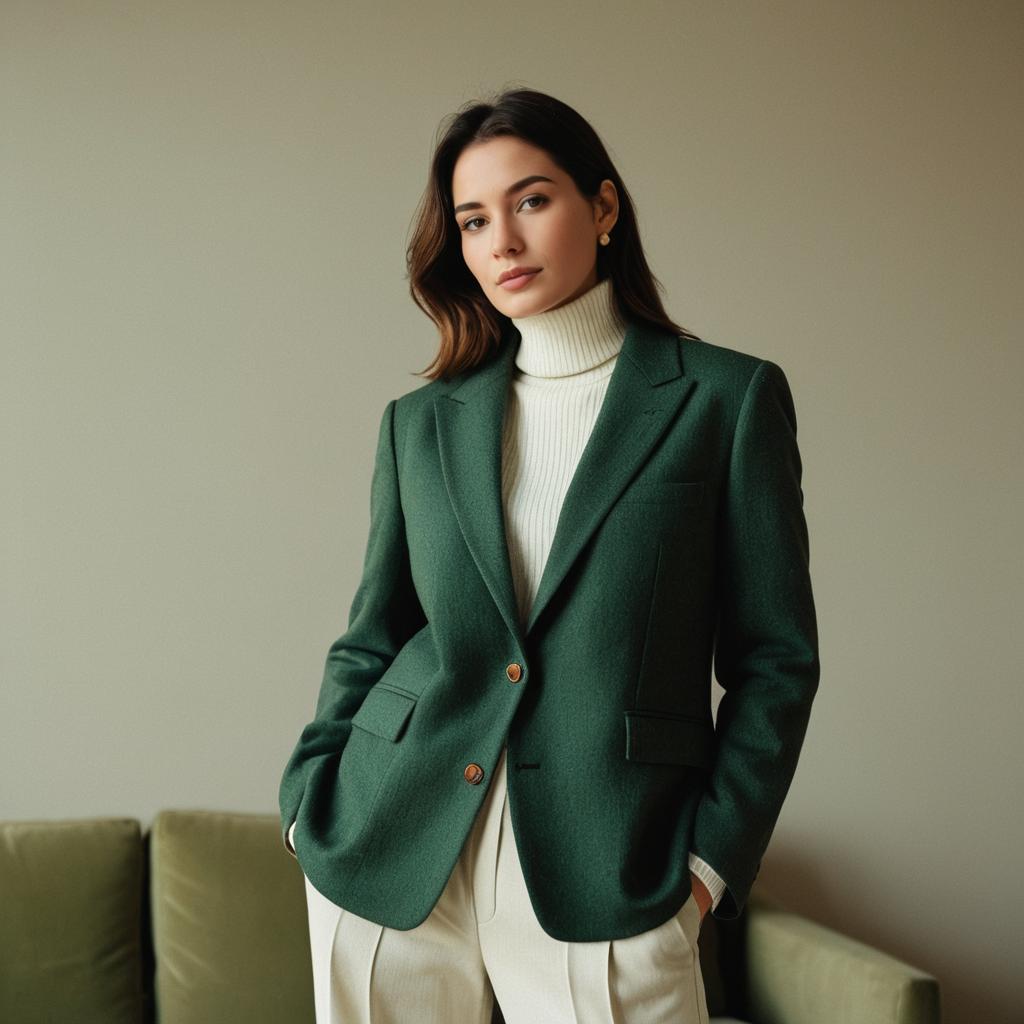 Elegant Woman in Green Blazer and White Turtleneck Fashion Portrait
