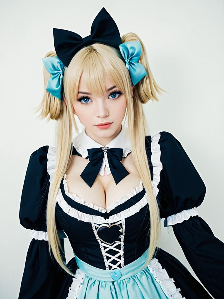 Gothic Lolita Woman in Black and Blue Dress with Bow Hair Accessories