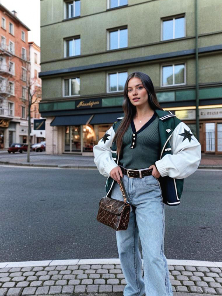 Stylish Young Woman in Varsity Jacket