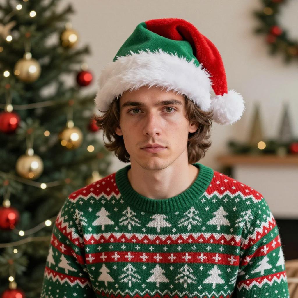 Young Man in Christmas Sweater and Santa Hat by Decorated Tree