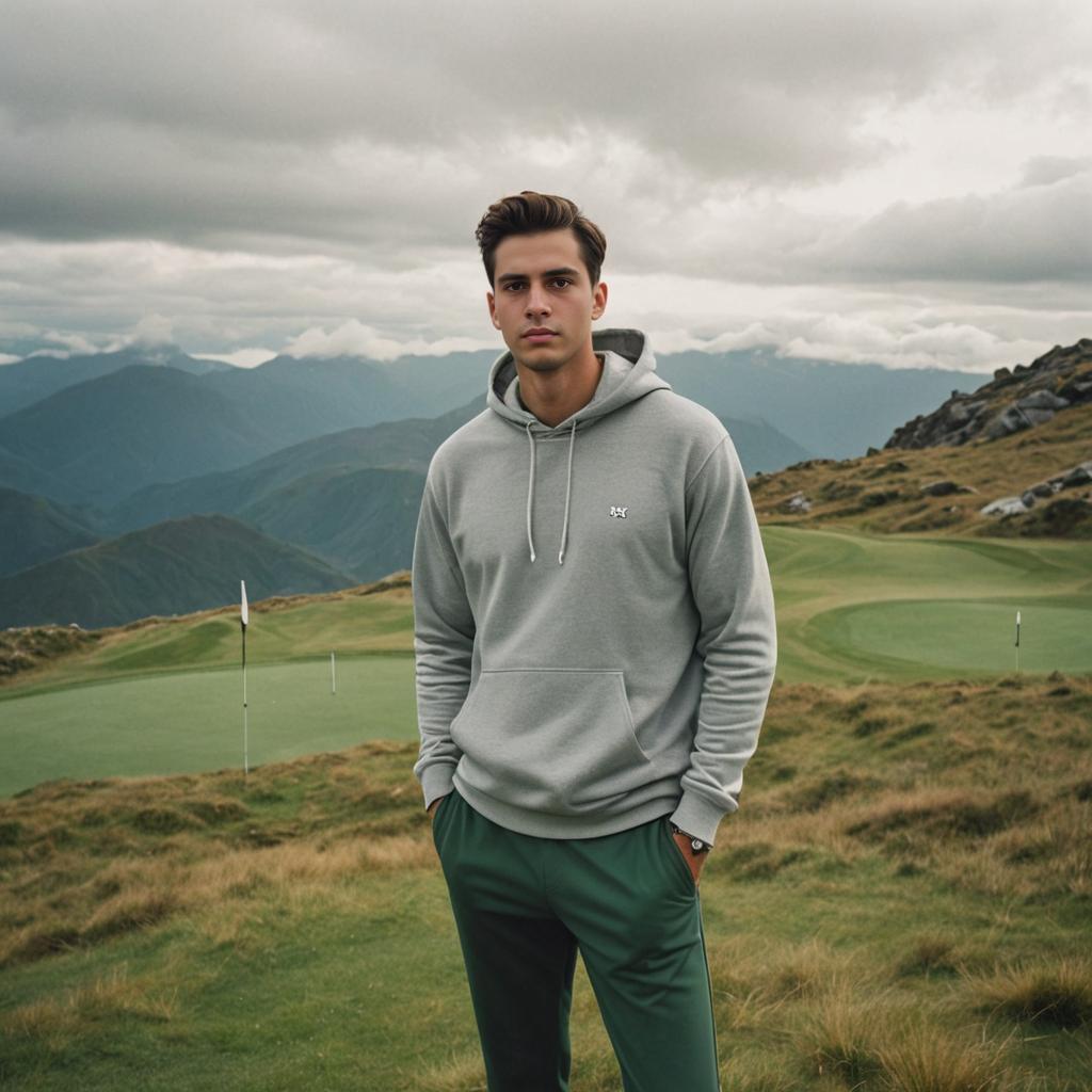 Confident Man on Golf Course with Mountain View