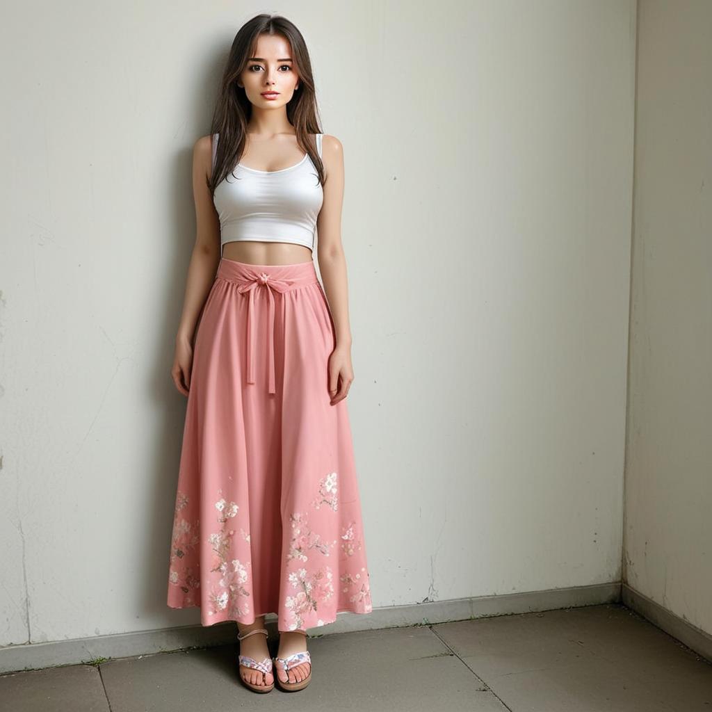 Young Woman in White Crop Top and Pink Floral Skirt Standing Indoors