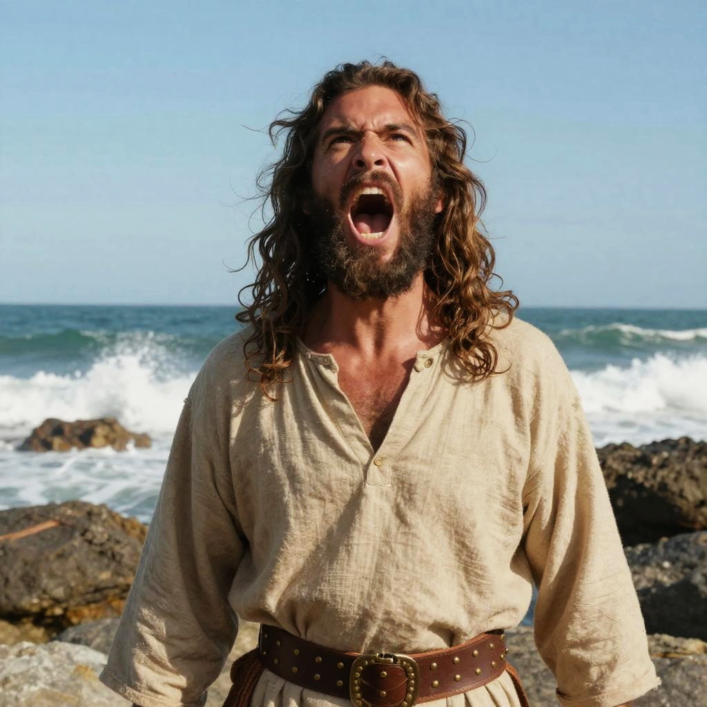 Bearded Man in Medieval Style Clothing Shouting by the Ocean