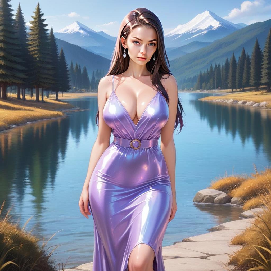 Elegant Woman in Lavender Gown by Mountain Lake