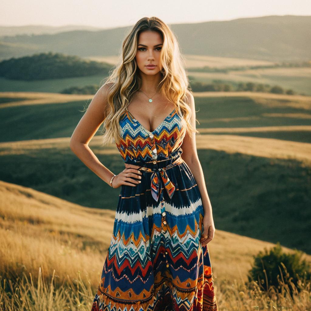 Blonde Woman in Colorful Sundress in Sunset Landscape