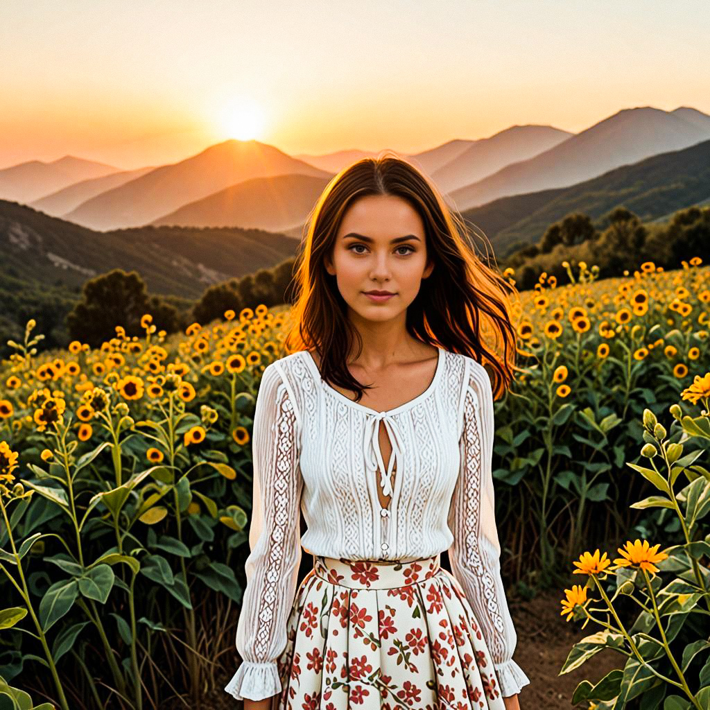 Young Woman in Sunflower Field at Sunset Young Woman in Sunflower Field at Sunset