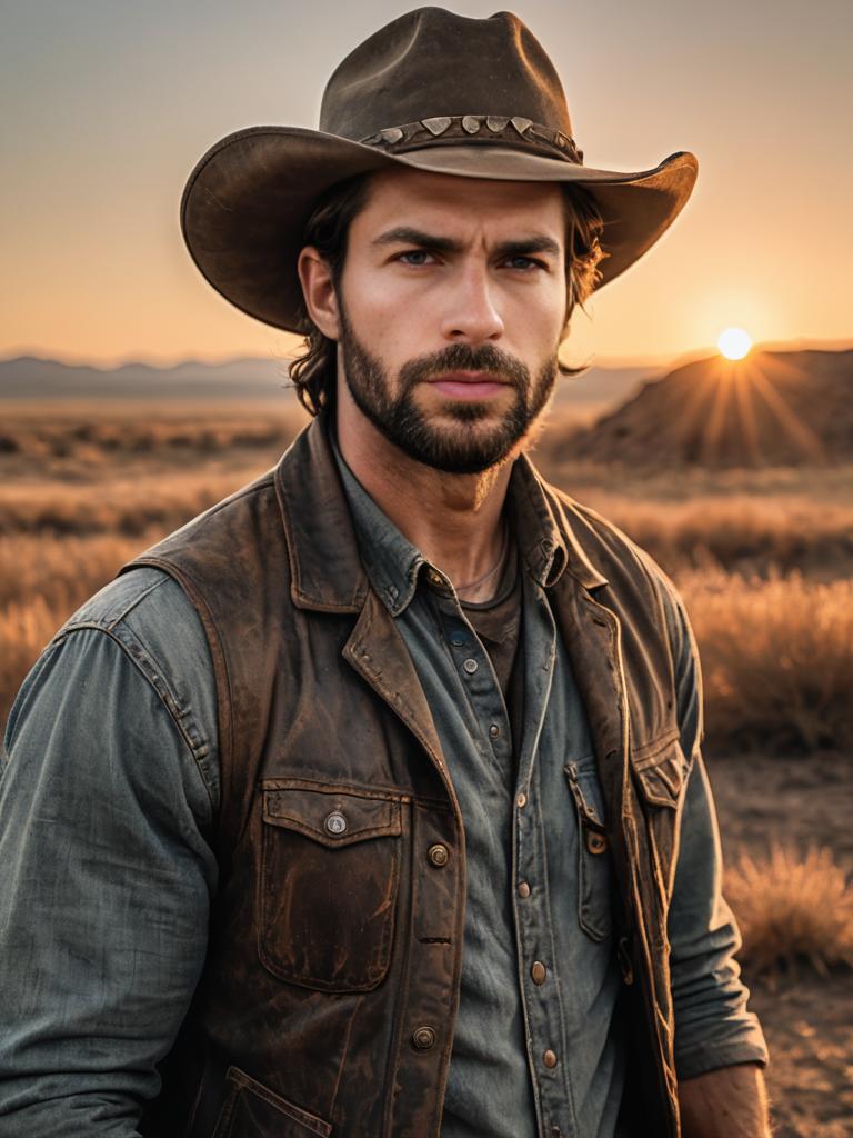 Rugged Man in Cowboy Hat at Sunset