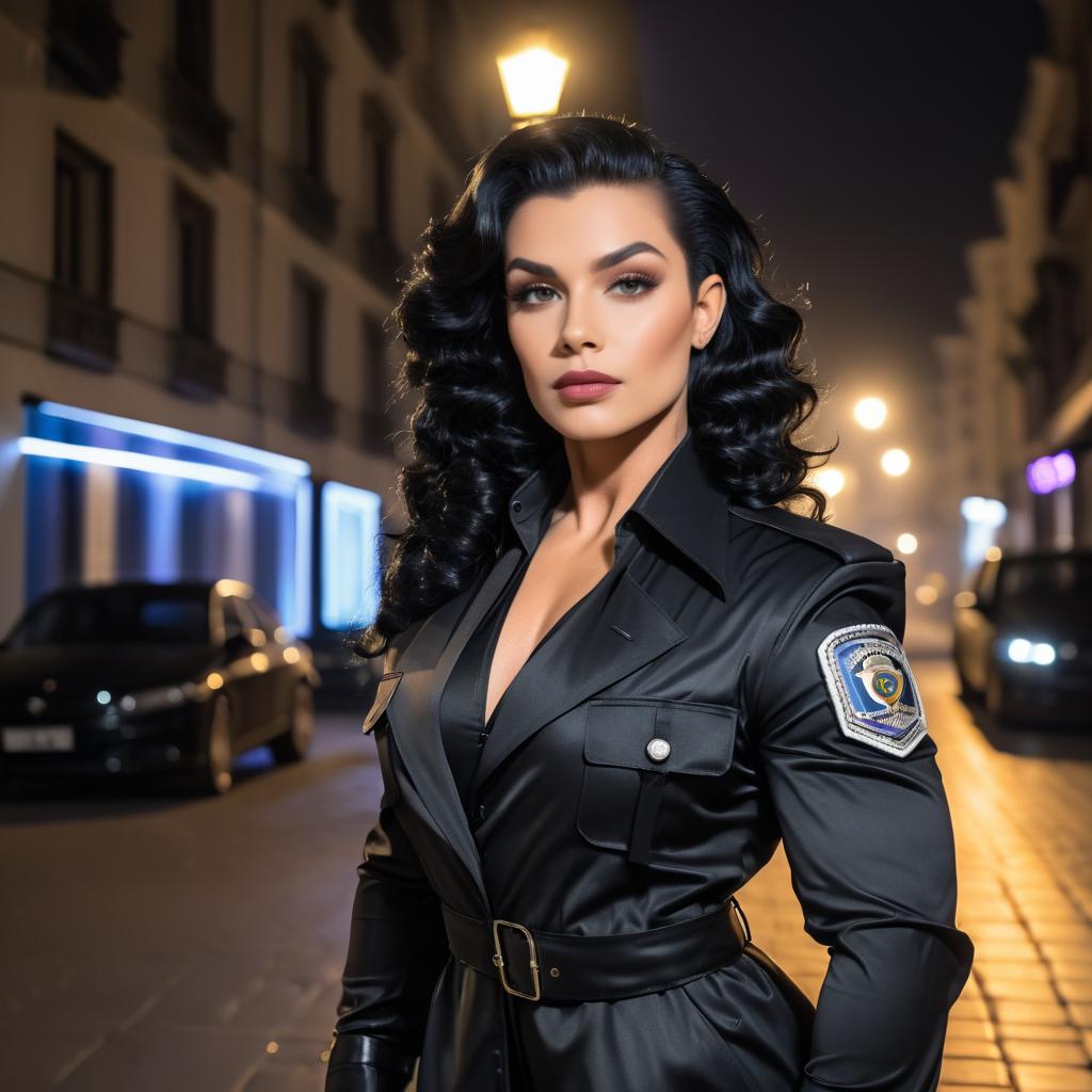 Elegant Woman in Stylish Police Uniform at Night