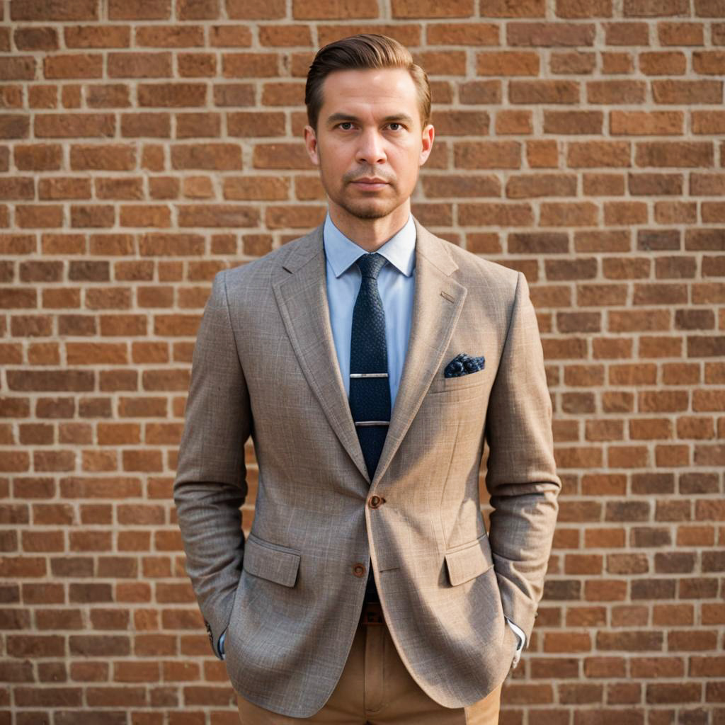 Stylish Man in Tailored Blazer Against Brick Wall