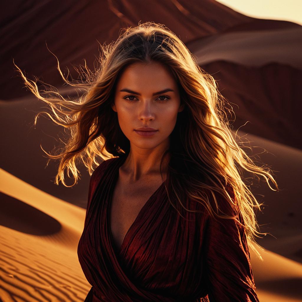 Portrait of Woman in Golden Hour Desert Light with Flowing Hair