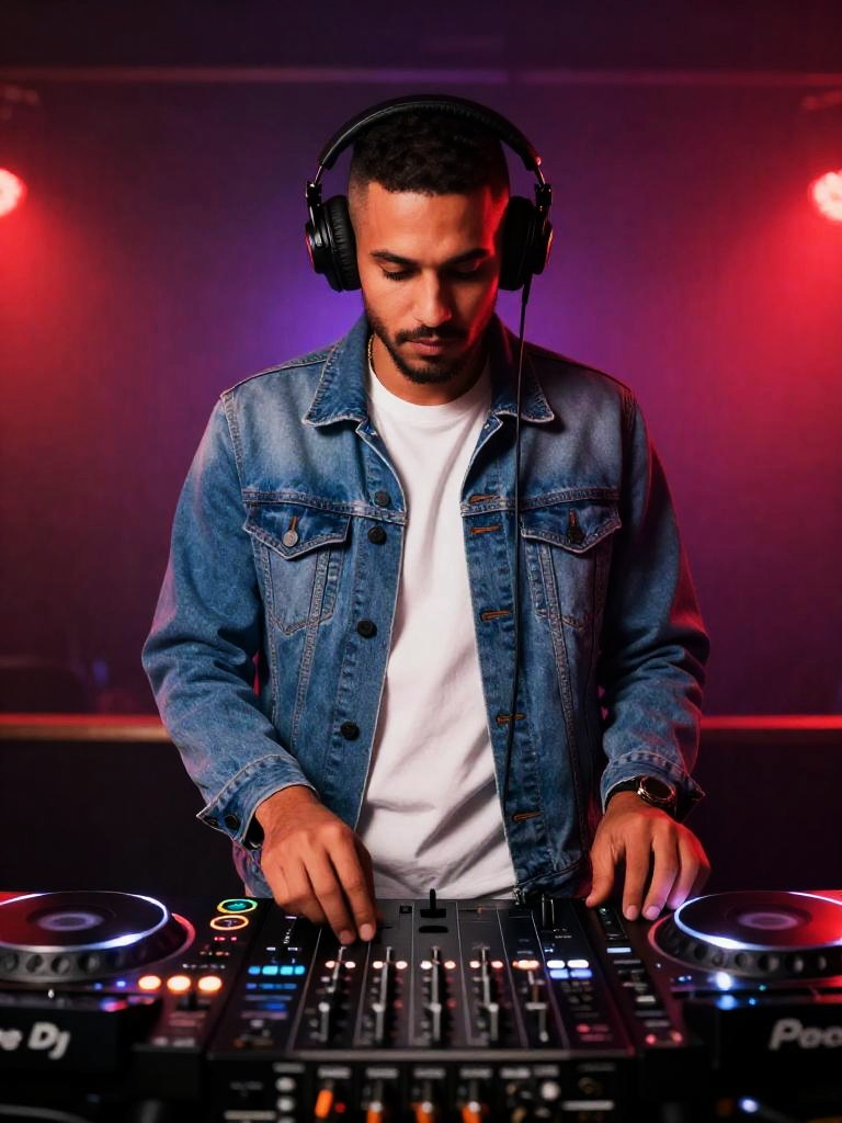 Young Man DJ Mixing Music with Headphones and Denim Jacket in Nightclub