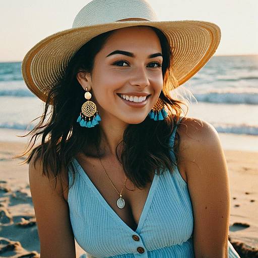Smiling Woman in Straw Hat at Beach During Golden Hour