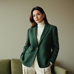 Elegant Woman in Green Blazer and White Turtleneck Fashion Portrait
