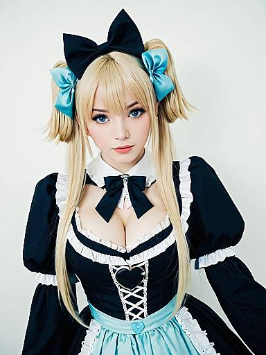 Gothic Lolita Woman in Black and Blue Dress with Bow Hair Accessories
