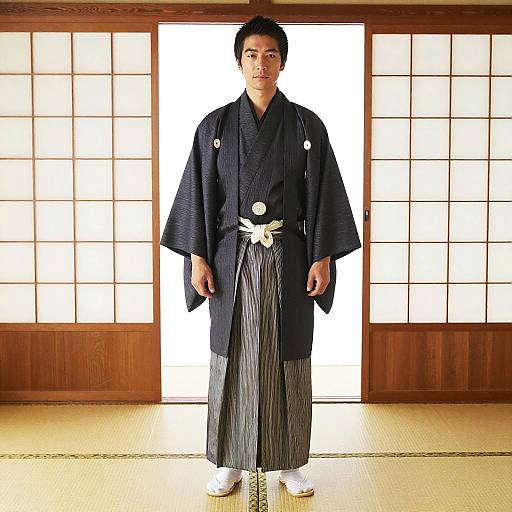 Japanese Man in Traditional Kimono and Hakama Standing Indoors