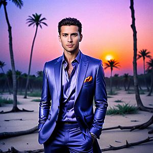 Stylish Man in Blue Suit at Sunset