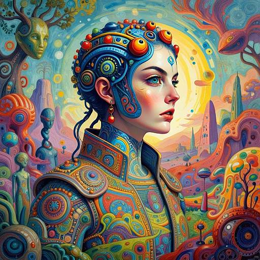 Vibrant Psychedelic Sci-Fi Woman with Biomechanical Ornamentation in Surreal Landscape