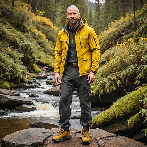 Man in Yellow Jacket Hiking by Forest Stream