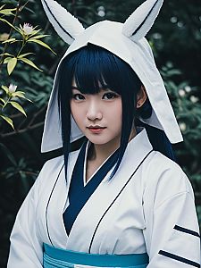Realistic Hinatsuru Cosplay Woman in Traditional Costume with Rabbit Ears