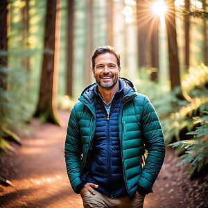Smiling man in outdoor jackets walking in sunlit forest