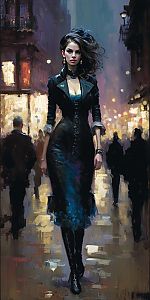 Confident Woman in Stylish Black Dress on Urban Street at Night