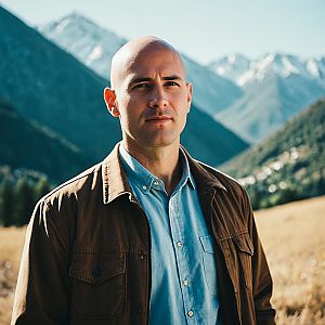 Confident Bald Man in Front of Scenic Mountain Range
