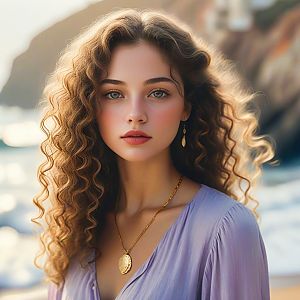 Young Woman with Curly Hair in Lavender Blouse by the Sea