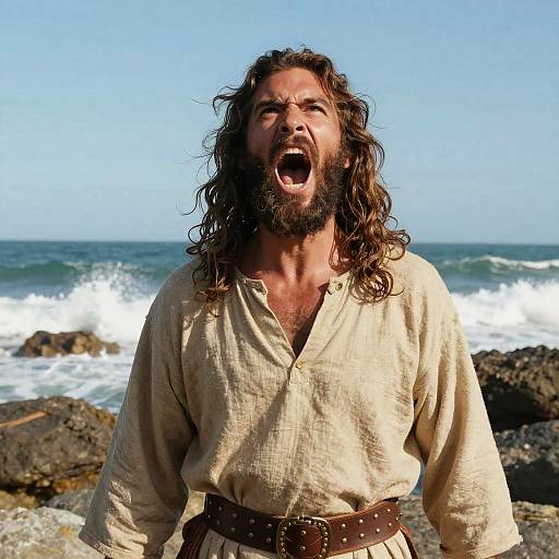 Bearded Man in Medieval Style Clothing Shouting by the Ocean