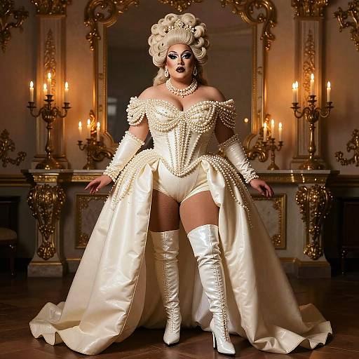 Glamorous Drag Queen in Elaborate Pearl Corset and Rococo Setting