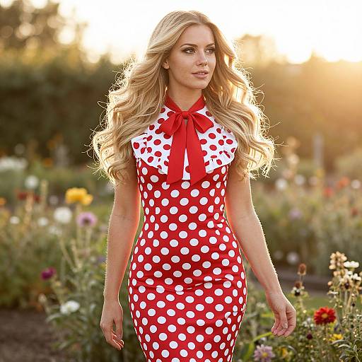 Woman in Red Polka Dot Dress Walking in Flower Garden at Sunset
