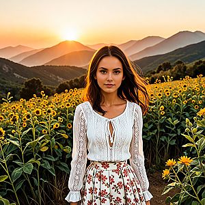 Young Woman in Sunflower Field at Sunset