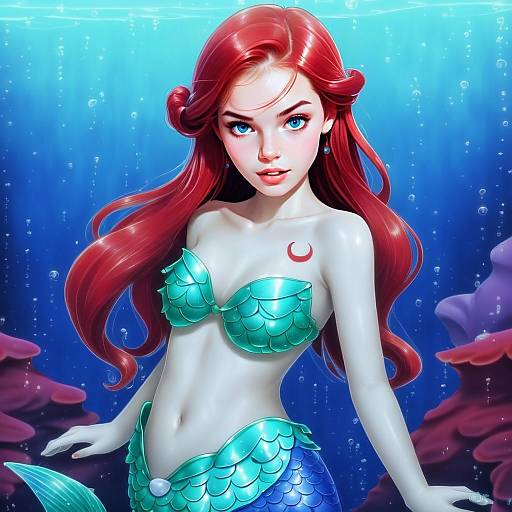 Anime Style Digital Art of Red-Haired Mermaid Ariel Underwater